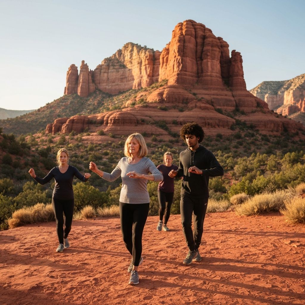 Group practicing Qi Gong outdoors with Sedona red rocks in background